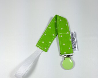 Pacifier Clip, Binky Clip, Passy Clip, Paci Clip, Lime Green Lt Green White Polkadots Fits All Pacifiers!