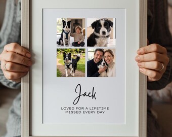 May include: A framed photo collage featuring four images of a black and white dog, with the name Jack printed in a script font above the text LOVED FOR A LIFETIME MISSED EVERY DAY, presented in a light-colored wooden frame with a white mat board.