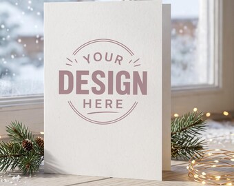 Pacchetto di mockup per biglietti, mockup digitale per biglietti di Natale, mockup per biglietti di auguri per le feste, mockup accogliente per biglietti di auguri vuoti, download di mockup festivi natalizi