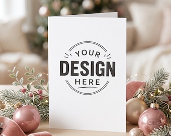 Puede incluir: Una tarjeta de felicitación blanca plegada con el texto negro YOUR DESIGN HERE dentro de un gráfico circular. La tarjeta está rodeada de adornos rosas, ramas de pino, piñas y una cinta rosa, creando un arreglo festivo.