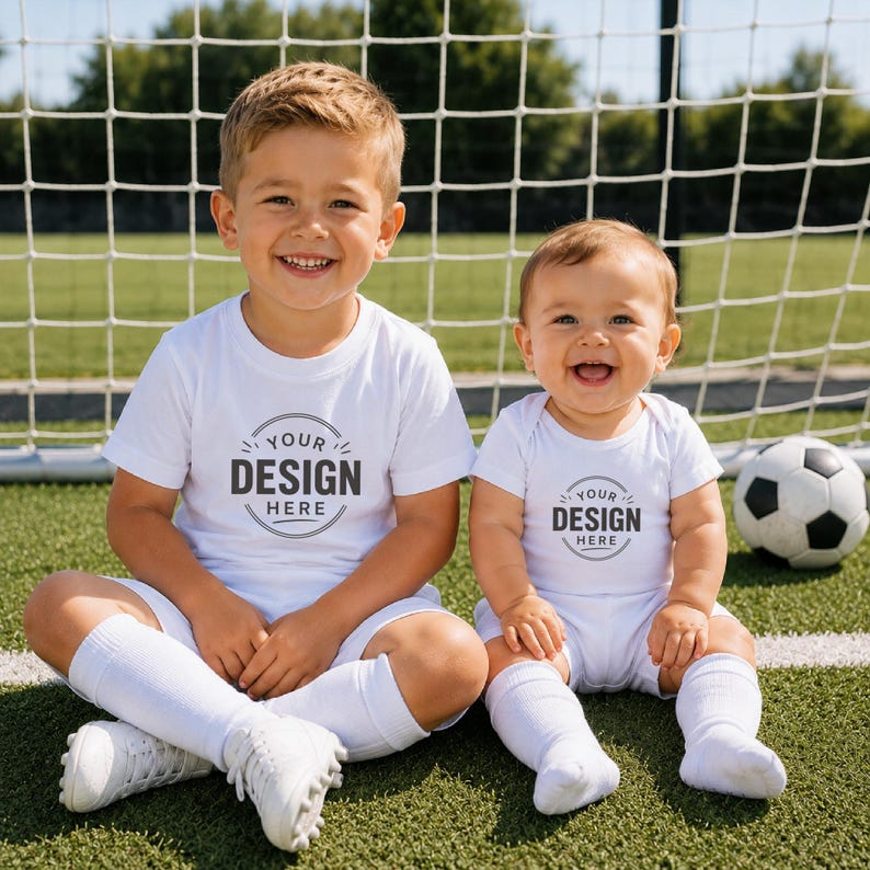 Puede incluir: Una camiseta blanca de manga corta y un body blanco de manga corta, ambos con un gr&aacute;fico circular con el texto "YOUR DESIGN HERE" en gris oscuro. Las prendas se llevan con calcetines deportivos blancos y botas de f&uacute;tbol blancas.