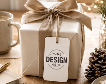 May include: A square gift box wrapped in plain off-white paper, tied with a wide beige velvet ribbon bow. A rectangular white paper gift tag hangs from the ribbon by a twine string, featuring the printed black text YOUR DESIGN HERE.