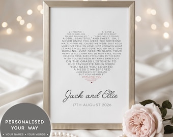 May include: A framed vertical print featuring black text arranged in a heart shape, containing lyrics from the song Perfect. Below the heart, the names Jack and Ellie are printed in a script font, followed by the date 17TH AUGUST 2026 in capital letters.