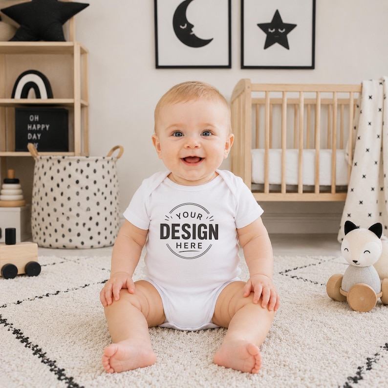 Puede incluir: Un body blanco de manga corta para beb&eacute; con un gr&aacute;fico circular en el pecho que incluye el texto "YOUR DESIGN HERE" en letras negras en negrita. La prenda cuenta con un cuello redondo y cierres de presi&oacute;n en la parte inferior.