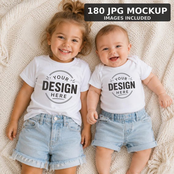 Baby and Sibling T-Shirt Mockup Bundle | 180 Lifestyle Images | Gildan 5000B Bella Canvas Kids Tee | POD Apparel Mockups | JPG Download