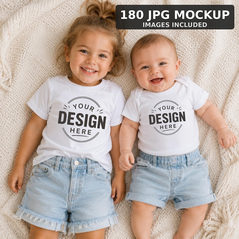 Puede incluir: Una camiseta blanca y un body de beb&eacute; blanco, ambos con un gr&aacute;fico circular negro con el texto YOUR DESIGN HERE. La camiseta se combina con pantalones cortos de mezclilla azul claro, y el body se combina con pantalones cortos de mezclilla.