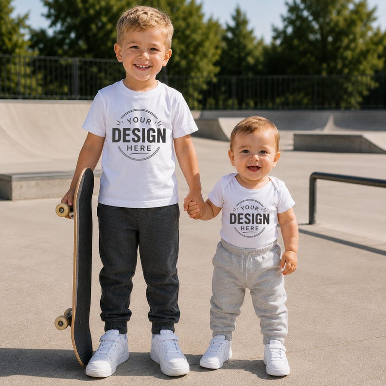 Puede incluir: Una camiseta blanca de manga corta y un body blanco de manga corta, ambos con un gr&aacute;fico circular con el texto YOUR DESIGN HERE. La camiseta se combina con pantalones de ch&aacute;ndal gris oscuro y el body con pantalones de ch&aacute;ndal de color gris claro.