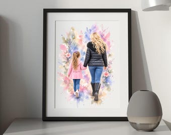 May include: A framed wall art print featuring a watercolor illustration of a child in a pink coat and blue jeans walking hand-in-hand with an adult in a black puffer jacket and blue jeans, surrounded by a colorful floral and botanical background.