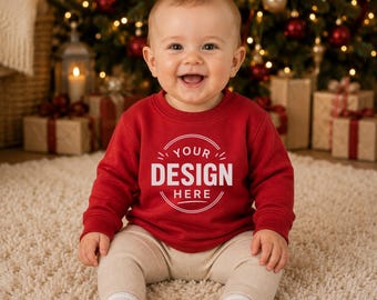 May include: A red long-sleeve sweatshirt featuring the white text YOUR DESIGN HERE enclosed within a circular graphic design. The sweatshirt is paired with beige ribbed leggings. The garment is shown on a neutral-toned surface.