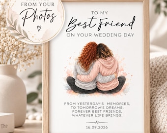 May include: A framed print featuring a watercolor illustration of two people sitting back-to-back with arms around each other. Text reads: TO MY Best Friend ON YOUR WEDDING DAY, FROM YESTERDAY'S MEMORIES, TO TOMORROW'S DREAMS, FOREVER BEST FRIENDS, WHATEVER LIFE BRINGS. 16.09.2026.