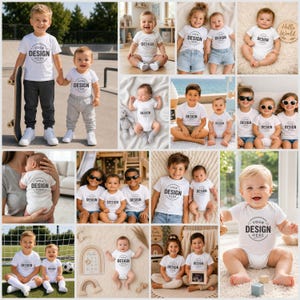 Puede incluir: Una colecci&oacute;n de camisetas y bodies para beb&eacute;s de color blanco con el texto YOUR DESIGN HERE en un gr&aacute;fico circular. Las prendas son usadas por ni&ntilde;os y beb&eacute;s en diversos entornos, incluyendo exteriores, mantas y retratos de estudio.