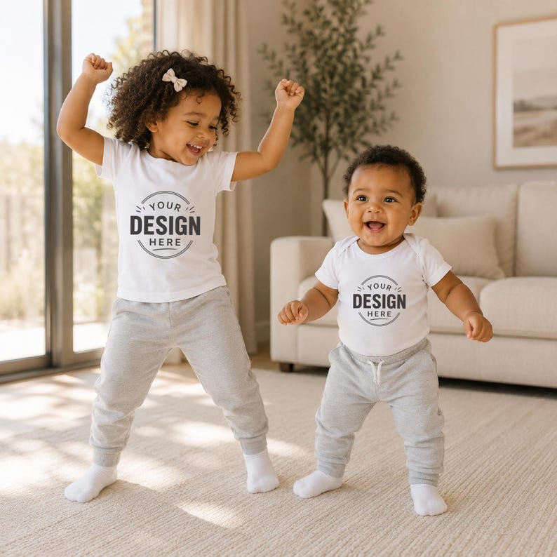 Puede incluir: Una camiseta blanca de manga corta y un body blanco de manga corta, ambos con un gr&aacute;fico circular con el texto "YOUR DESIGN HERE" en negro. Las prendas se combinan con pantalones de ch&aacute;ndal de color gris claro para ni&ntilde;os.