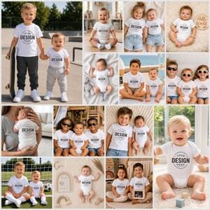 Puede incluir: Una colecci&oacute;n de camisetas y bodies para beb&eacute;s de color blanco con el texto YOUR DESIGN HERE en un gr&aacute;fico circular. Las prendas son usadas por ni&ntilde;os y beb&eacute;s en diversos entornos, incluyendo exteriores, mantas y retratos de estudio.