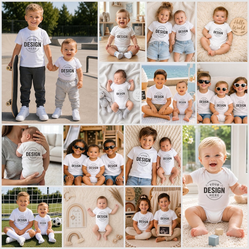 Puede incluir: Una colecci&oacute;n de camisetas y bodies para beb&eacute;s de color blanco con el texto YOUR DESIGN HERE en un gr&aacute;fico circular. Las prendas son usadas por ni&ntilde;os y beb&eacute;s en diversos entornos, incluyendo exteriores, mantas y retratos de estudio.