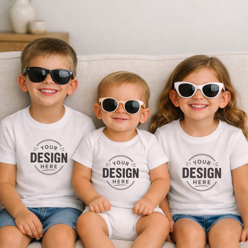 Puede incluir: Tres ni&ntilde;os con camisetas blancas y un body blanco, cada uno con un gr&aacute;fico circular con el texto "YOUR DESIGN HERE" en negro. Los ni&ntilde;os llevan gafas de sol, los dos de los extremos con monturas negras y el ni&ntilde;o del centro con monturas beige.
