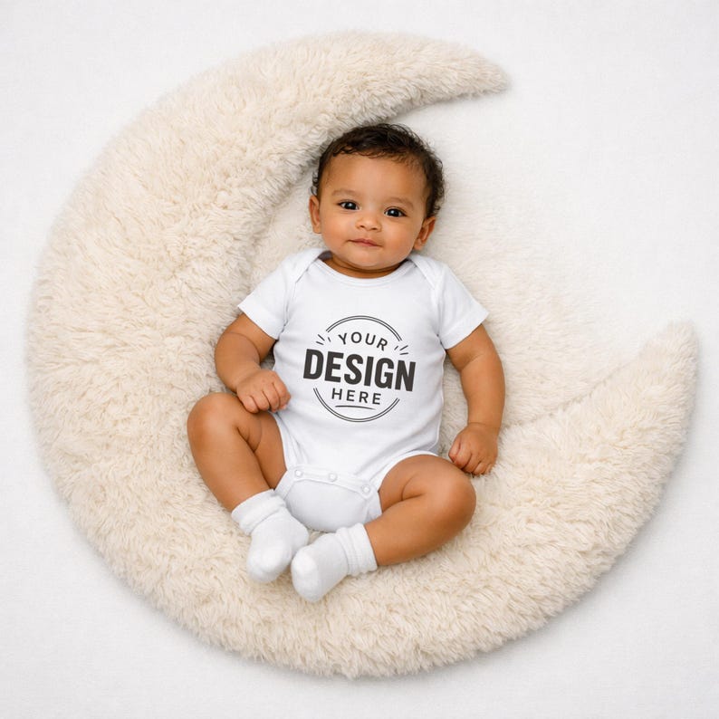 Puede incluir: Un body blanco de manga corta para beb&eacute; con el texto negro 'YOUR DESIGN HERE' dentro de un gr&aacute;fico circular. La prenda tiene cuello redondo y cierres a presi&oacute;n en la parte inferior, y lo lleva un beb&eacute; sobre una piel sint&eacute;tica de color crema.