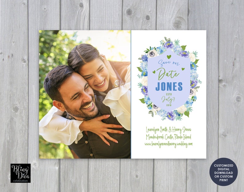 Blue Hydrangea Save the Date with Photo Custom Print or Printable Engagement Announcement