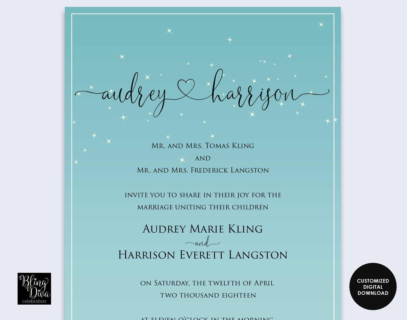 Audrey Teal Wedding Invitation Fairy Lights Wedding Etsy