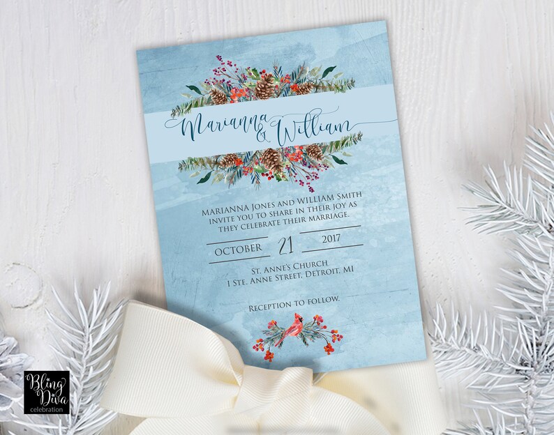 Woodland Wedding Invitation Red Cardinal Wedding Invitation Custom Print Ensemble Cardinal Winter Wedding Invitation