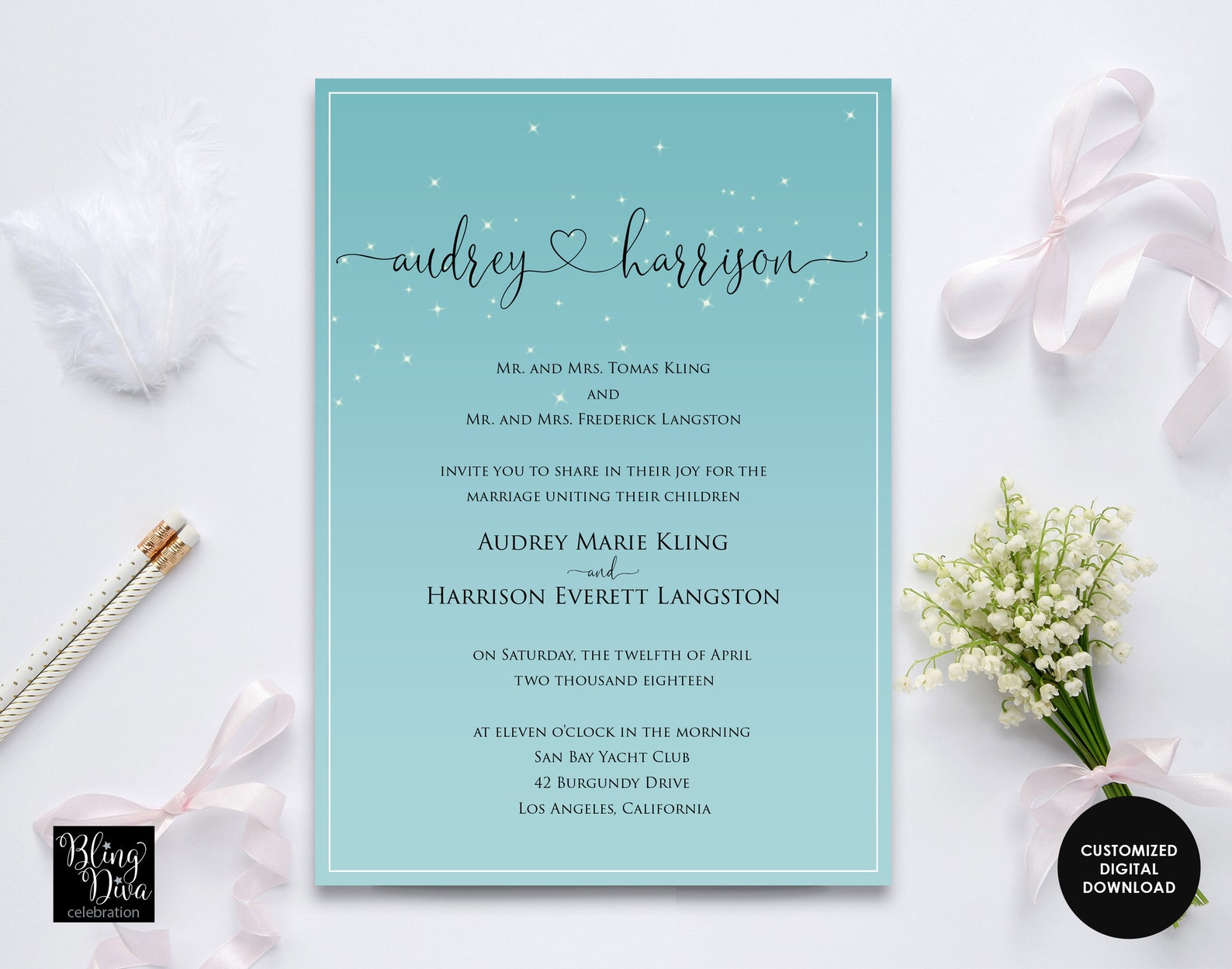 Audrey Teal Wedding Invitation Fairy Lights Wedding Etsy