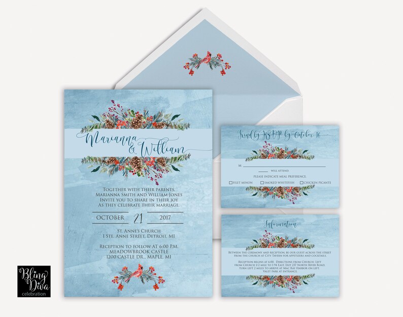 Woodland Wedding Invitation Red Cardinal Wedding Invitation Custom Print Ensemble Cardinal Winter Wedding Invitation