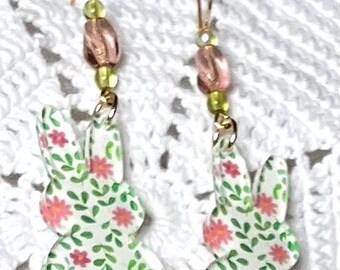 Easter bunny earrings,  Easter earrings, spring earrings, rabbit earrings, green and pink floral bunny earrings, pastel green earrings