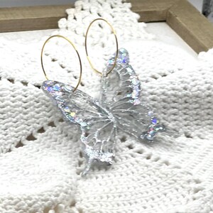 Fantasy butterfly earrings, insect jewelry, gift for her, gold hoops, iridescent wing earrings, butterfly wings, trendy jewelry