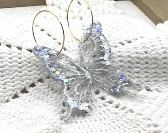Fantasy butterfly earrings, insect jewelry, gift for her, gold hoops, iridescent wing earrings, butterfly wings, trendy jewelry