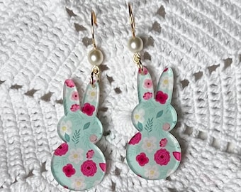 Easter bunny earrings,  Easter earrings, spring earrings, rabbit earrings, green and pink floral bunny earrings, pastel green earrings