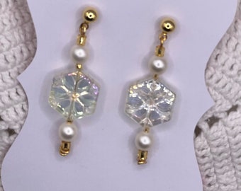 Snowflake and pearl beaded earrings, drop earrings, gold ball stud earrings, winter jewelry, snowflake jewelry, handmade jewelry, gift