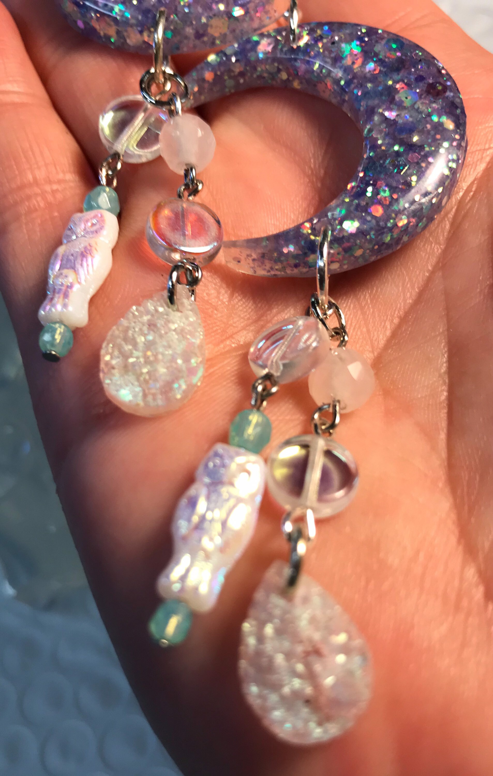 Moon earrings purple moon earrings purple glitter earrings Etsy