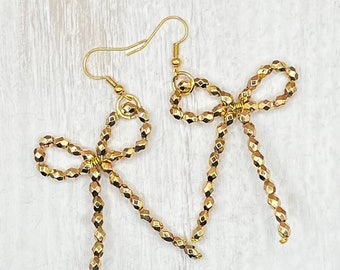 Gold bow earrings, handmade sparkly earrings, beaded bow jewelry, gold earrings, lightweight earrings, gift for her, date night earrings