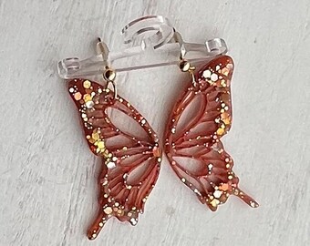 Dark orange Butterfly glitter earrings, handmade earrings, sparkly bug earrings, lightweight earrings, gift for her, spring earrings