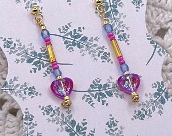 Fuschia pink heart drop earrings, tiny gold ball studs, valentines jewelry, sparkly beaded earrings, gift for her, valentines gift, handmade