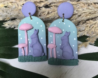 PAstel polymer clay bunny and mushroom stud earrings, gift for her, handmade gift, handmade earrings, mushroom earrings, purple earrings