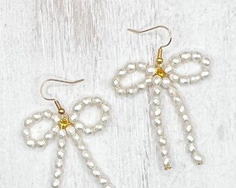 Pearl white bow earrings, handmade beaded earrings, beaded bow jewelry, lightweight earrings, gift for her, nickel free earrings