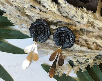 Black rose earrings, black and gold earrings, floral polymer clay earrings, gothic earrings, gift for her, glitter earrings