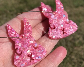 Pink glitter bunny earrings, sparkly bunny hoops, gold hoops, handmade earrings, Easter earrings, gift for her, animal earrings, rabbit