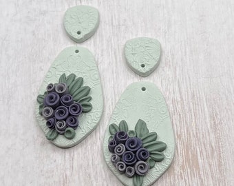 Pistachio green earrings with dark purple rose bouquet,  clay earrings, floral clay earrings, handmade earrings, gift for her, handmade gift