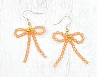 Peach bow earrings, handmade sparkly earrings, beaded bow jewelry, gold earrings, lightweight earrings, gift for her, date night earrings