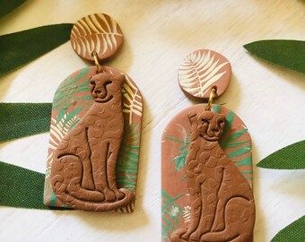 Cheetah clay earrings, polymer clay earrings, palm leaf earrings, trendy earrings,  handmade earrings, big cat earrings, gift for her