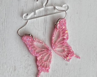 Pink butterfly earrings, glitter earrings, resin earrings, handmade earrings,  gift for her, sparkly earrings, lightweight earrings