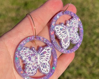Sparkly spring earrings, floral butterfly earrings, glitter butterfly earrings, handmade earrings, gift for her, hoops