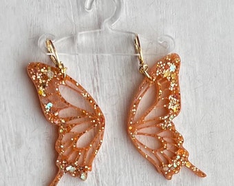 Light orange Butterfly glitter earrings, handmade earrings, sparkly bug earrings, lightweight earrings, gift for her, spring earrings