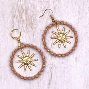 Rose gold beaded hoops, sun earrings, golden sun hoops, handmade earrings, gift for her, boho earrings, handmade gift, beaded sun earrings