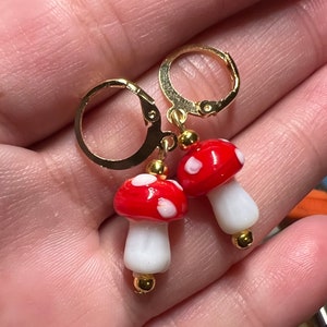 mushroom earrings, Amanita earrings, handmade earrings, cottagecore earrings, cottagecore jewelry, huggie hoops, fungi earrings, gift ideas