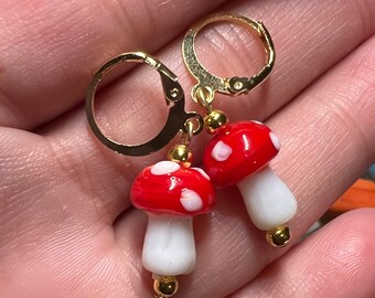mushroom earrings, Amanita earrings, handmade earrings, cottagecore earrings, cottagecore jewelry, huggie hoops, fungi earrings, gift ideas