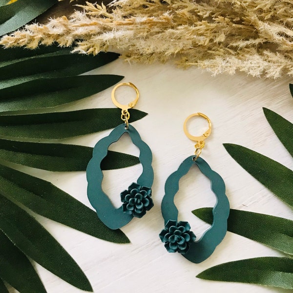 Midnight teal monochrome succulent drop earrings,  polymer clay earrings, plant mama, plant lover earrings, gift for her, gold huggies
