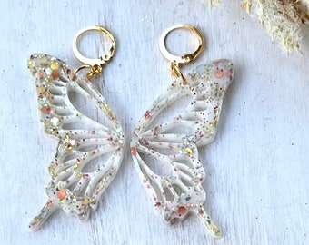 White butterfly earrings, gold glitter earrings, handmade earrings, gift for her, white and gold earrings, sparkly boho earrings,