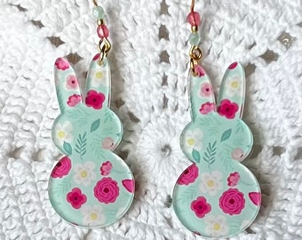 Easter bunny earrings,  Easter earrings, spring earrings, rabbit earrings, green and pink floral bunny earrings, pastel green earrings